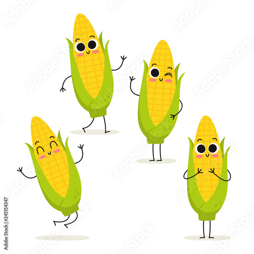 Corn. Cute vegetable vector character set isolated on white