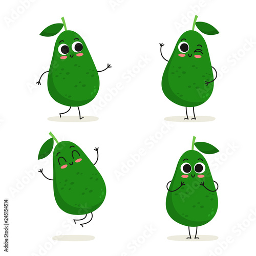 Avocado. Cute cartoon fruit vegan protein vector character set isolated on white