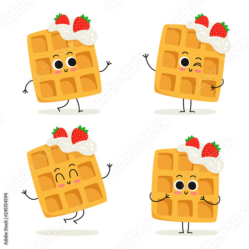 Waffles with whipped cream and strawberries. Fast food dessert character set isolated on white