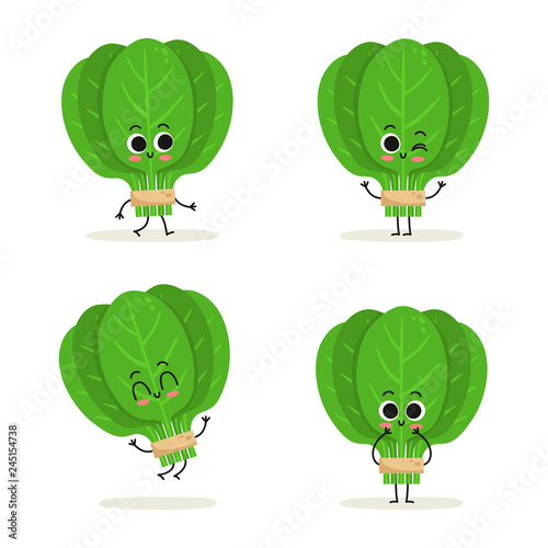 Spinach. Cute cartoon vegan protein food vector character set isolated on white