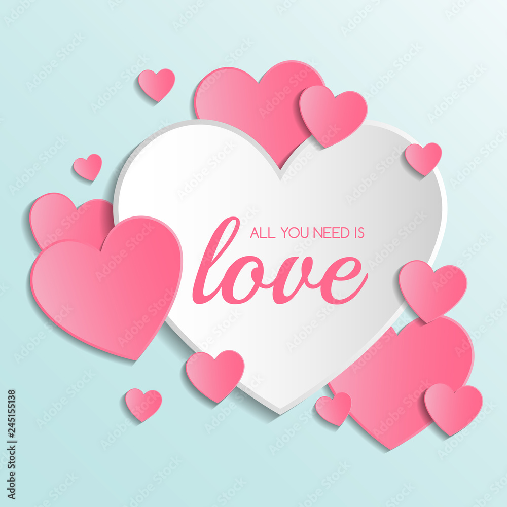 Valentine's Day typography with cute paper cut hearts. Vector