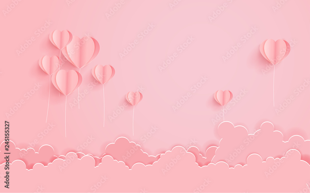 BConcept of valentine day with paper art made hot air balloon heart shape float over on cloud,Paper art style.