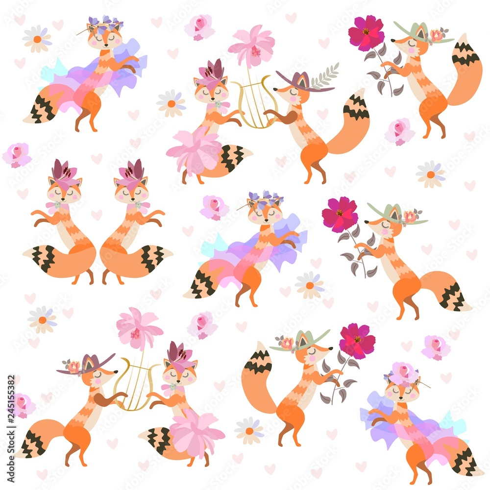 Cute cartoon foxes dancing isolated on white background in vector. Beautiful collection. Cute cartoon foxes dancing isolated on white background in vector. Beautiful collection.