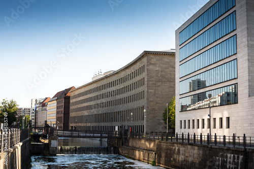 Photography View of the embankment of the river Spree in Berlin beside the Berlin headquarte