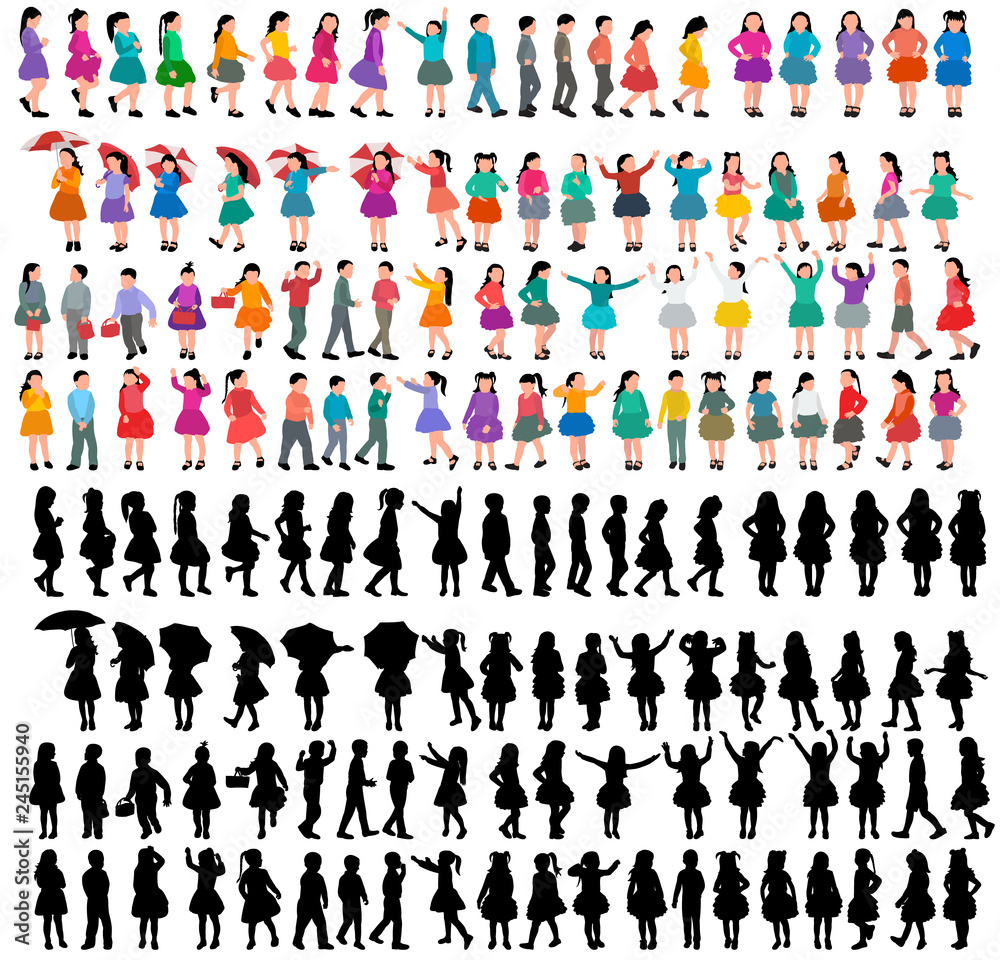white background, silhouette of a child, set, collection of faceless children
