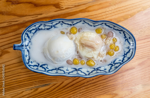 Traditional Thai dessert. Coconut ice cream served with Thai glutinous rice balls (bua loi).