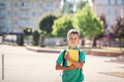 Cute little schoolboy outdoors on sunny day. Child with his backpack and holding books