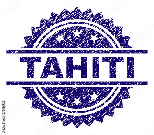 TAHITI stamp seal watermark with distress style. Blue vector rubber print of TAHITI label with unclean texture.