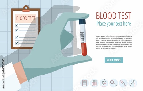  Doctor's hand holding blood sample. Template with icons and text