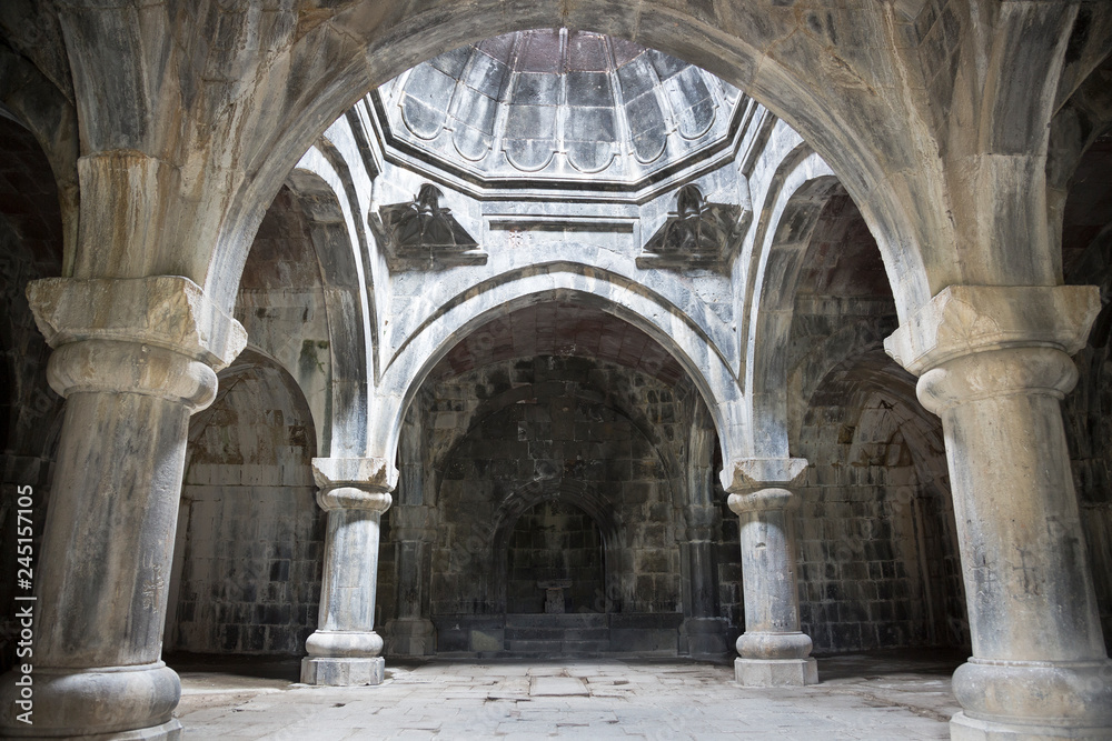 Medieval Armenian monastery Haghpat. The interior of the gavit of Hamazasp.10 century. Armenia