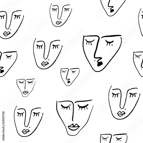 Simple hand drawn black and white trendy line portrait art