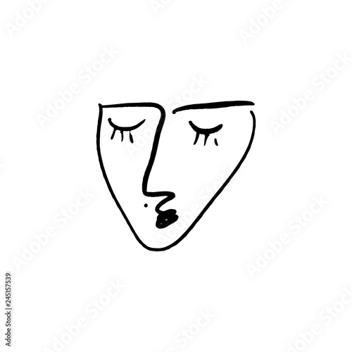 Simple hand drawn black and white trendy line portrait art