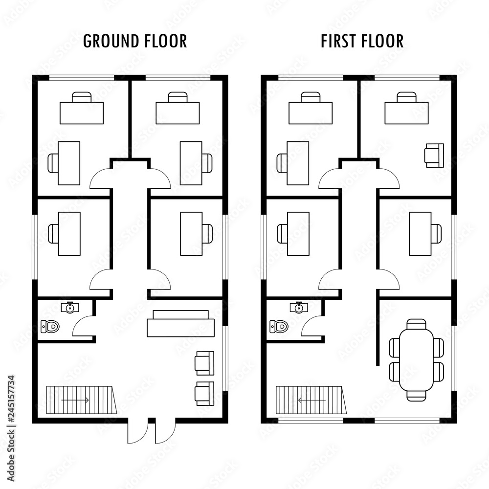 Ground and first floor plan with furniture, Stock Vector | Adobe Stock