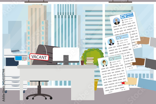 Modern office,workplace and chair with text-vacant,hands holding cv resume,
