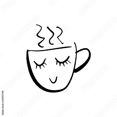 Vector cute cartoon cup of tea or coffee. Line sketch illustration