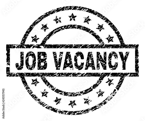 JOB VACANCY stamp seal watermark with distress style. Designed with rectangle, circles and stars. Black vector rubber print of JOB VACANCY text with unclean texture.
