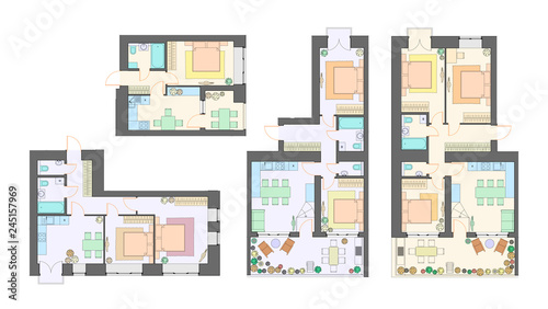 Vector set of furnished apartments, architectural background, top view