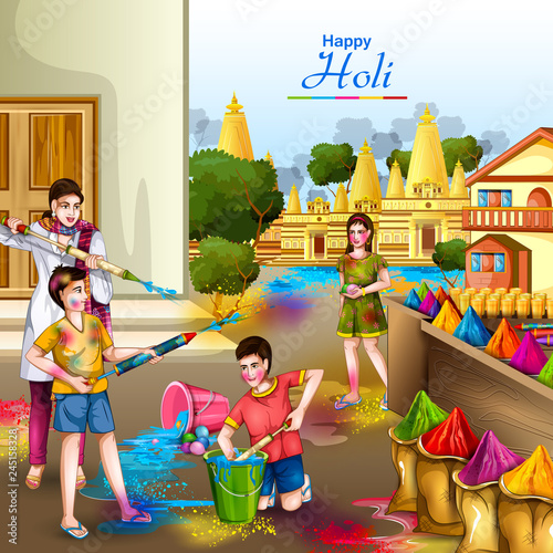 vector illustration of Indian people playing colorful Happy Hoil background for festival of colors in India