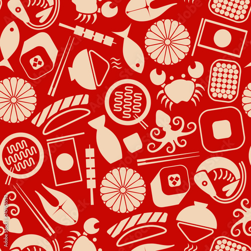 Japanese food vector seamless pattern on red background