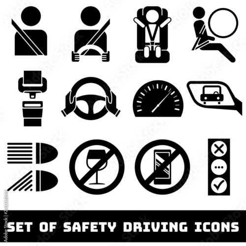 Safety Driving theme vector icons set. Seat belts, airbag, rules, baby car seat, traffic light, etc. Isolated