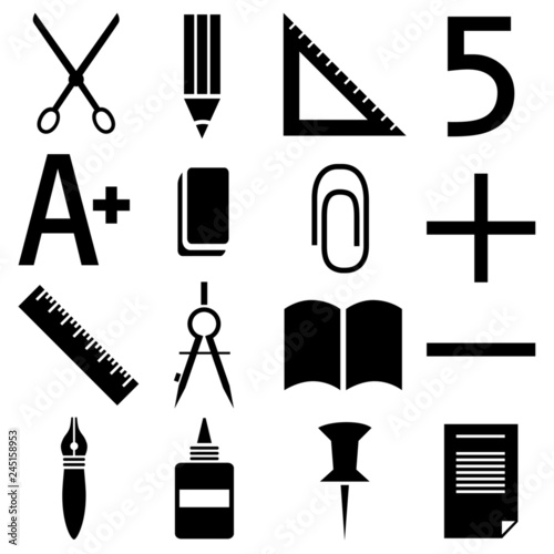 Set of 16 vector icons in school theme: scissors, pencil, pen, ruler, triangle, dividers, eraser, clip, sheet of paper, book, notebook, glue, pin, "A +", "5", plus and minus signs. Isolated, flat