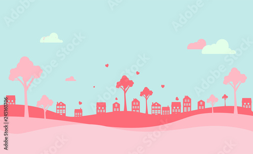 Valentines day background with heart and houses