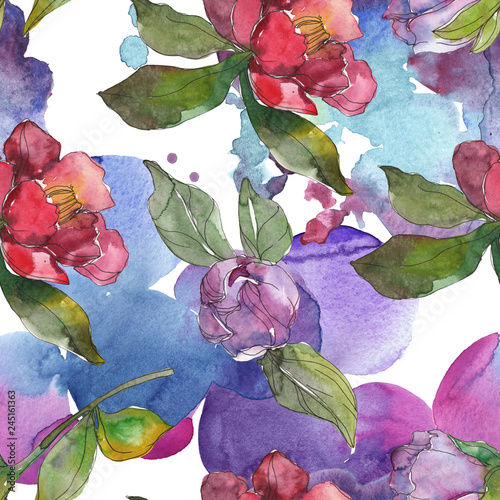 Red and purple camelia. Floral botanical flower. Watercolor background illustration set. Seamless background pattern. © LIGHTFIELD STUDIOS