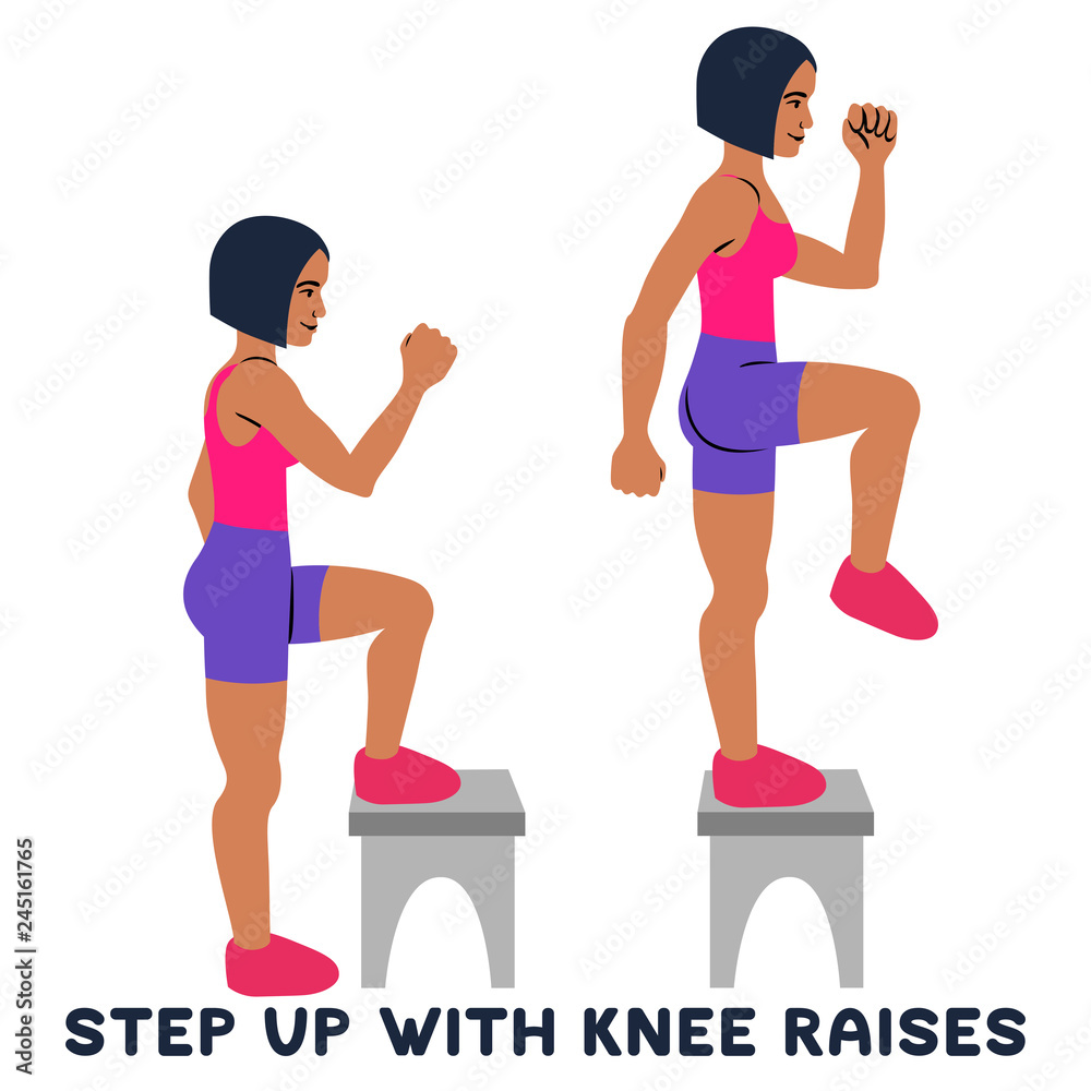 Step up with knee raises. Sport exersice. Silhouettes of woman doing exercise. Workout training. Stock Vector Adobe Stock