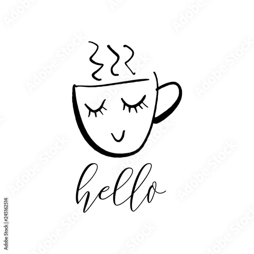 Vector cute cartoon cup of tea or coffee. Line sketch illustration