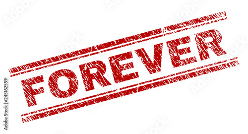 FOREVER seal print with distress texture. Red vector rubber print of FOREVER tag with unclean texture. Text tag is placed between double parallel lines.