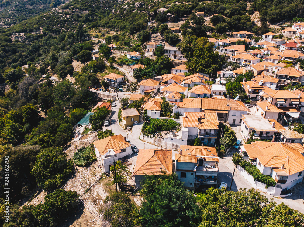 Aerial view of Maries traditional Village in central Thasos, Greek Island in Aegean Sea