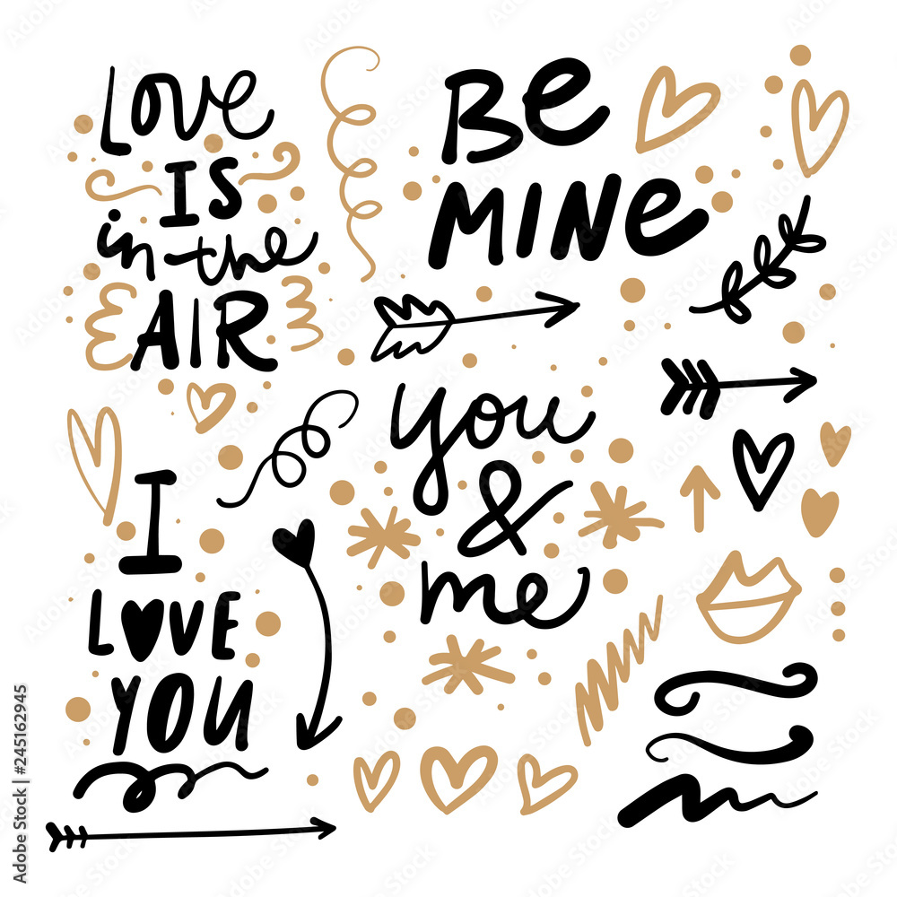 Love signs set, Happy valentines day, hand drawn text details Love signs set, Happy valentines day, hand drawn text details