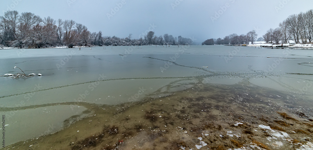 Naklejka premium Danube island (Šodroš) near Novi Sad, Serbia. Colorful landscape with snowy trees, beautiful frozen river.