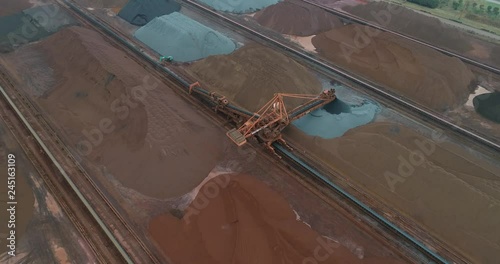 aerial view of ore and conveyor belt at an industrial port