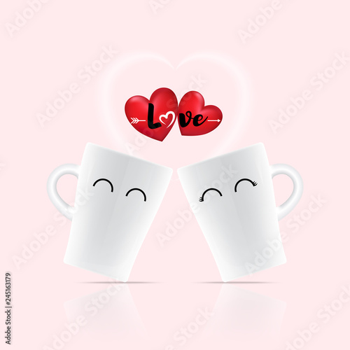 Love word on heart above two white cup, Love valentine day concept.