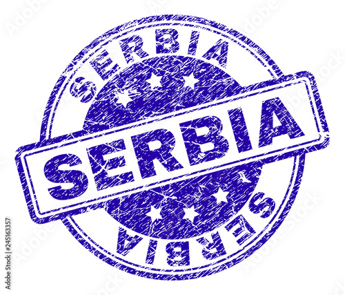 SERBIA stamp seal imprint with distress texture. Designed with rounded rectangles and circles. Blue vector rubber print of SERBIA text with scratched texture.