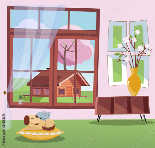 Window with a view of blossom trees and country wood house. Spring interior sleeping cat and dog on pillow, shelf, vase with branches. nonparallel objects. Sunny weather outside. Flat cartoon vector