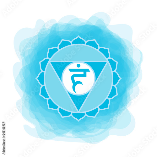 Vishuddha icon. The fifth guttural chakra. Vector blue smoky circle. Line symbol. Sacral sign. Meditation