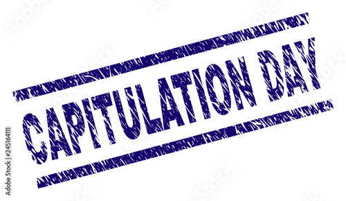 CAPITULATION DAY seal print with distress style. Blue vector rubber print of CAPITULATION DAY text with scratched texture. Text caption is placed between parallel lines.