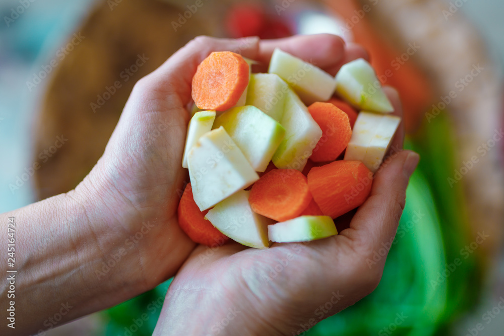 a handful of healthy fresh vegetables in female hand a handful of healthy fresh vegetables in female hand