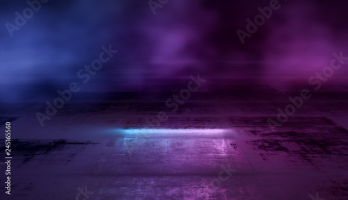 Empty scene with glowing pink and blue smoke environment atmosphere reflect on floor. Fashion vibrant colors spectrum background. 3d rendering.