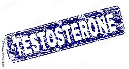 TESTOSTERONE stamp seal print with grunge texture. Seal shape is a rounded rectangle with frame. Blue vector rubber print of TESTOSTERONE caption with dust texture.