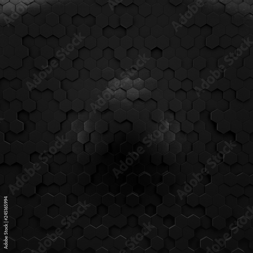 Abstract wave form hexagonal background. Grunge Polygonal Hex geometry dark surface . Futuristic technology black texture concept. 3d Rendering. © Chanchai