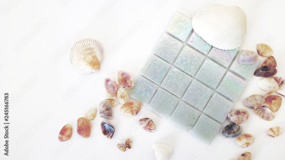 Pearl mosaic with little shells on white background Pearl mosaic with little shells on white background
