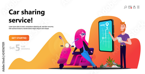 Online carsharing. Woman and scooter rent. Mobile city transportation concept,  Online car sharing with cartoon character and screen smartphone, can use for web design, landing page, ui, template. 