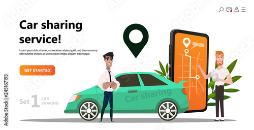 Car sharing concept. Business man with smartphone and  rent car. Parking service website template. Online transport service rent. Online car sharing and cartoon character on black background. Isolated