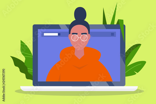 A portrait of Young adult wearing glasses. Social media profile. Laptop screen. Flat editable vector illustration, clip art