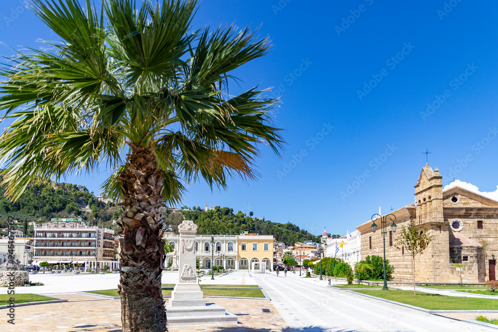 Overview of a sunny Solomos Square in Zakynthos town, Greece