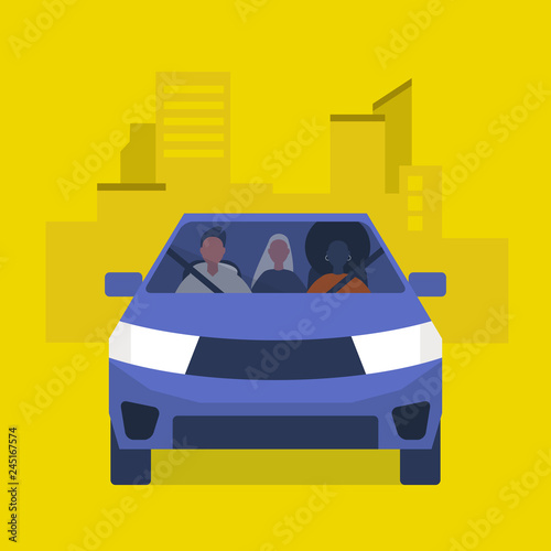 Car pool taxi service. Passengers in a yellow car. Urban lifestyle. Flat editable vector illustration, clip art