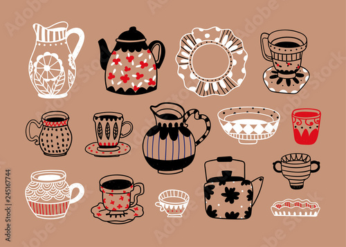 Various porcelain objects. Hand drawn colored vector set. Brown background. All elements are isolated